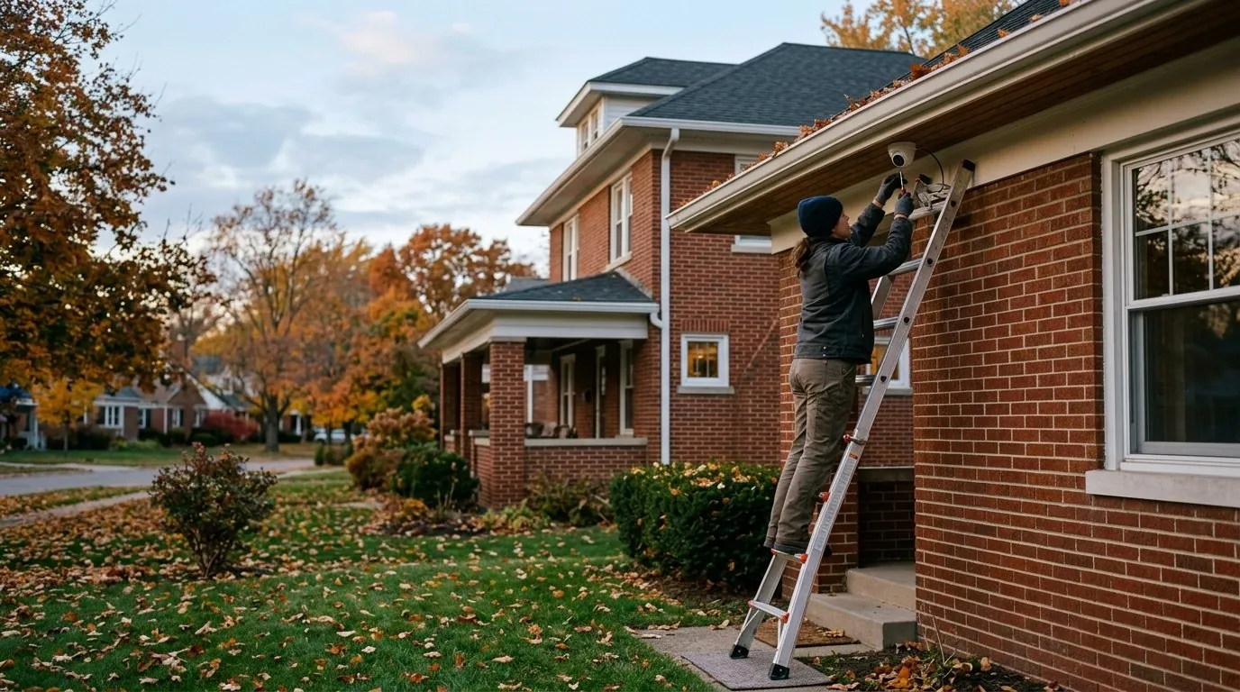 An installer on an aluminium ladder fitting a white dome security camera under the eaves of a red brick house, on a tree-lined street in autumn. An installer on an aluminium ladder fitting a white dome security camera under the eaves of a red brick house, on a tree-lined street in autumn.