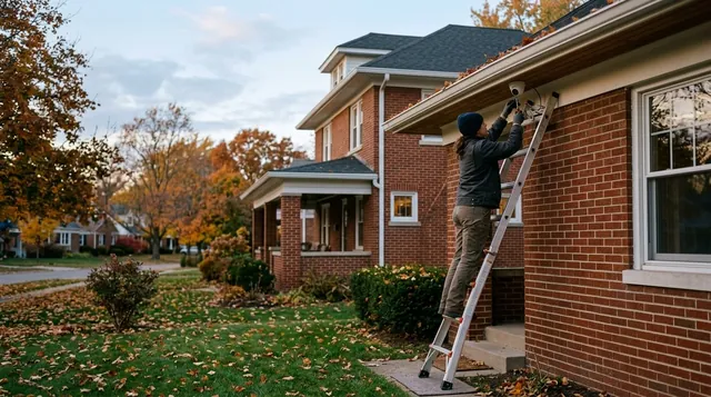 An installer on an aluminium ladder fitting a white dome security camera under the eaves of a red brick house, on a tree-lined street in autumn. An installer on an aluminium ladder fitting a white dome security camera under the eaves of a red brick house, on a tree-lined street in autumn.