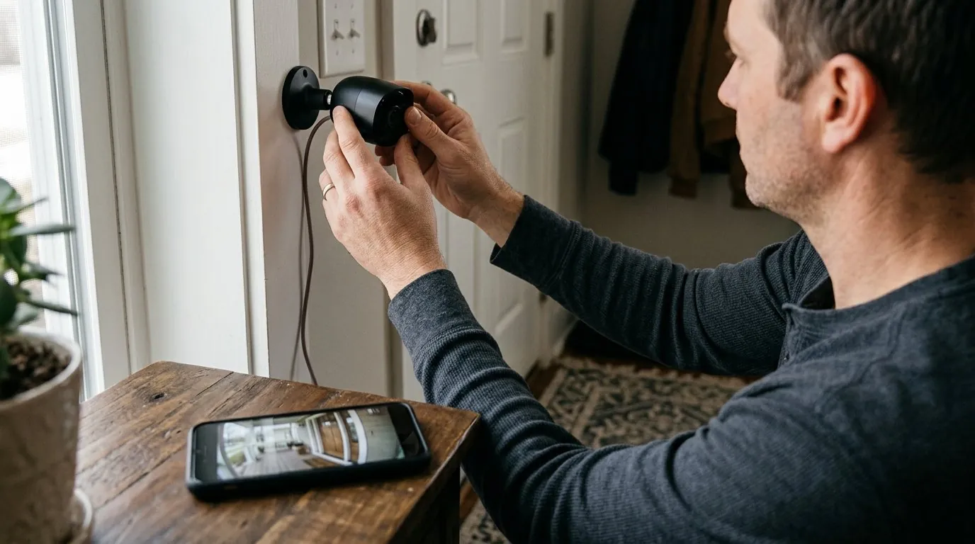 A man adjusting a small black indoor security camera mounted beside a front door, with a phone on the hall table beside him showing the camera's live wide-angle view of the room. A man adjusting a small black indoor security camera mounted beside a front door, with a phone on the hall table beside him showing the camera's live wide-angle view of the room.