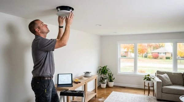 Professional home theater installation in Dayton with technician fitting an in-ceiling architectural speaker.