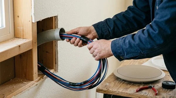 Close-up of in-wall cable routing during a home theater installation, showing clean wiring inside a wall cavity.